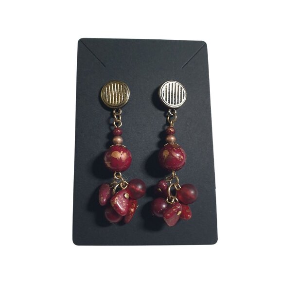 Handmade Vintage Beaded Dangle Earrings Gold Maroon Painted Women Costume Boho - Picture 1 of 3